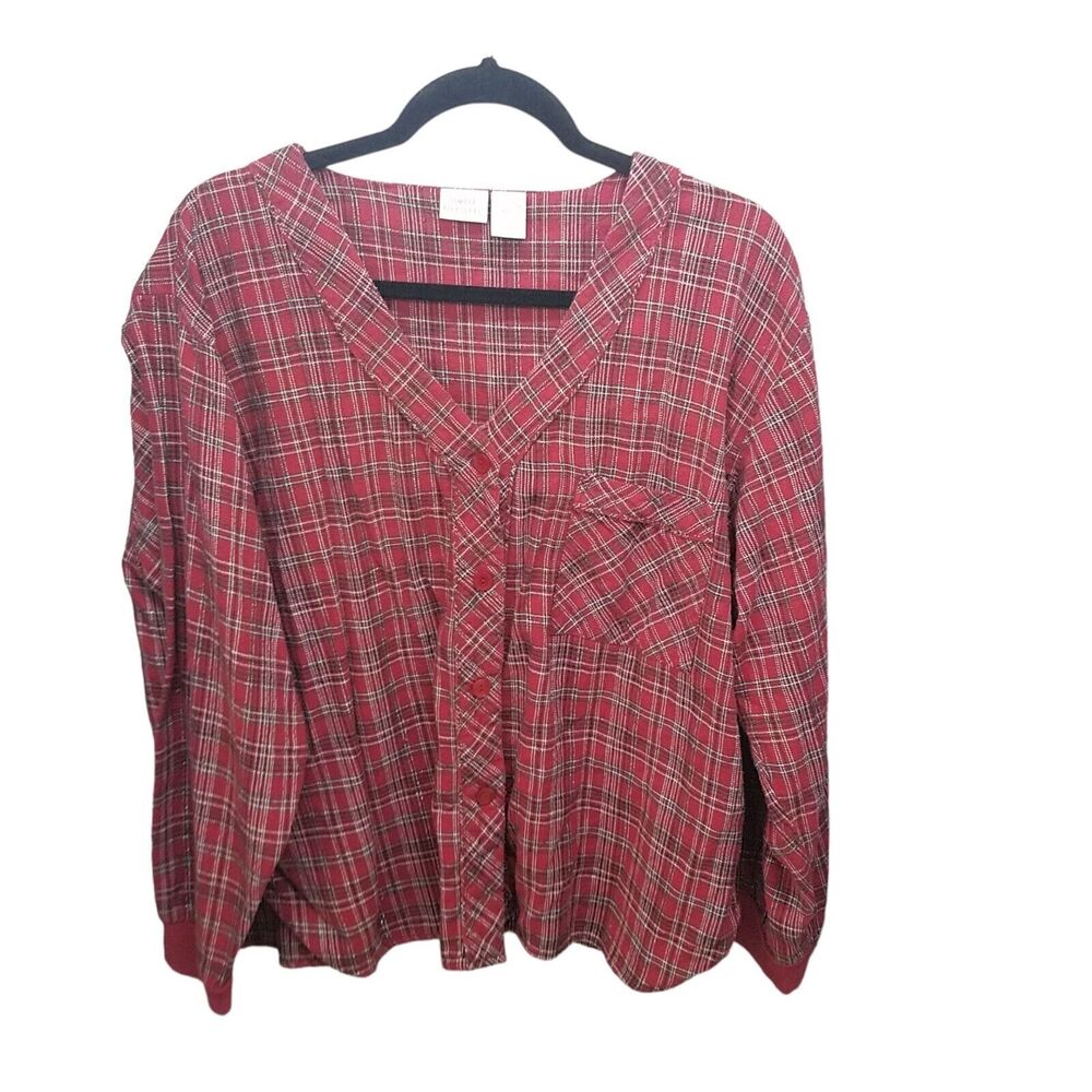 Simple Pleasures Womens Sz L Red Plaid Long Sleeve Blouse